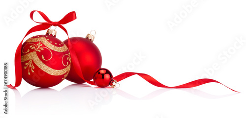 Christmas red decoration baubles with ribbon bow isolated on white background