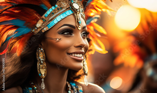 Twilight Rhythms: Rio's Elegant Dancers with Feather Headdresses at Carnival