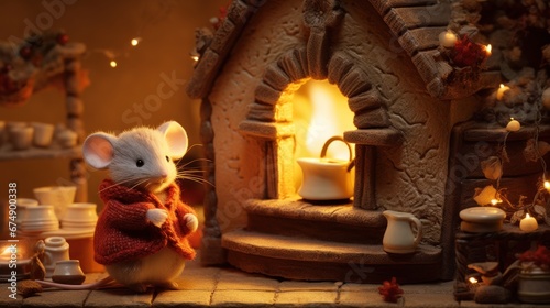 A toy mouse is standing in front of a fireplace