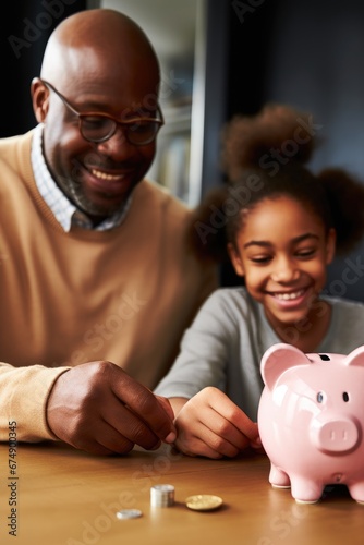 Daughter with father putting coin in piggy a bank at home