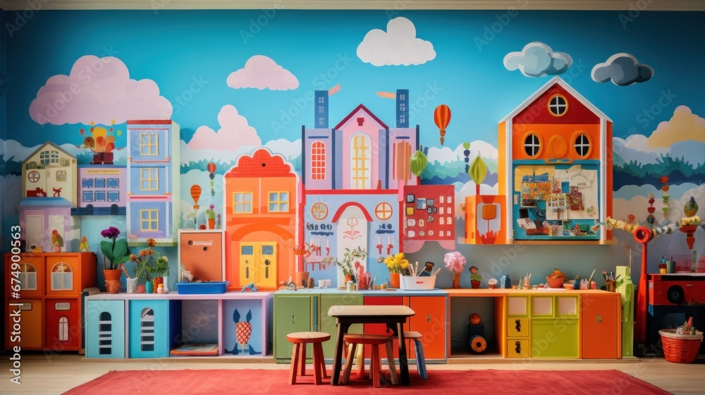 A child's playroom with a mural of a city
