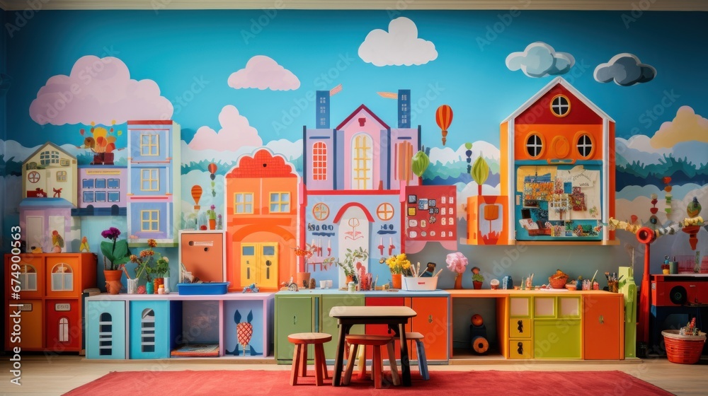 A child's playroom with a mural of a city A child's playroom with a mural of a city