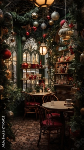 A restaurant decorated for the holidays with christmas decorations