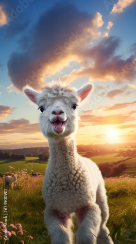 A white sheep standing on top of a lush green field