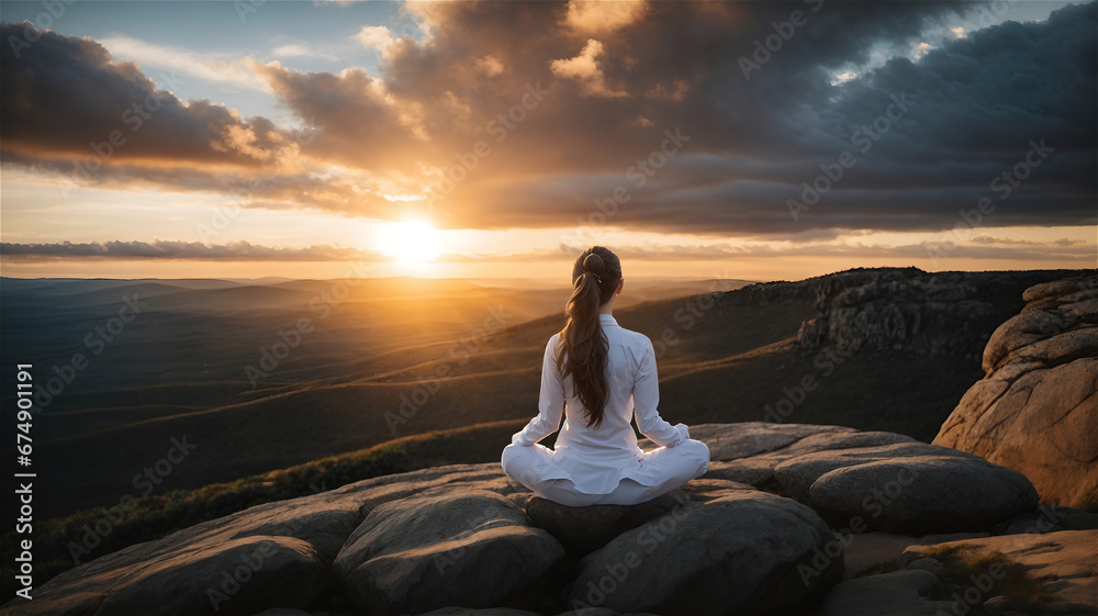 A young woman, immersed in meditation, sits gracefully on a massive rock at the mountain, harmonizing with nature to enhance her focus and elevate her spiritual consciousness. Generated Ai