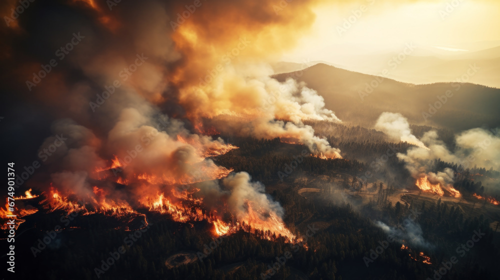 Massive wild forest fire in mountains, aerial view