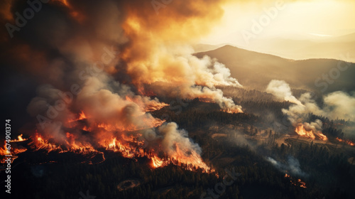 Massive wild forest fire in mountains  aerial view