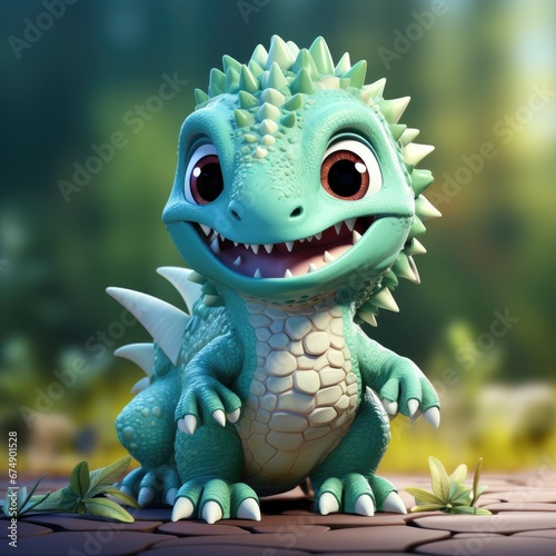 Cartoon character dinosaur 3d illustration for children. Cute fairytale dinosaur print for clothes, stationery, books, merchandise. Toy Dinosaur 3D character banner, background. Generative ai