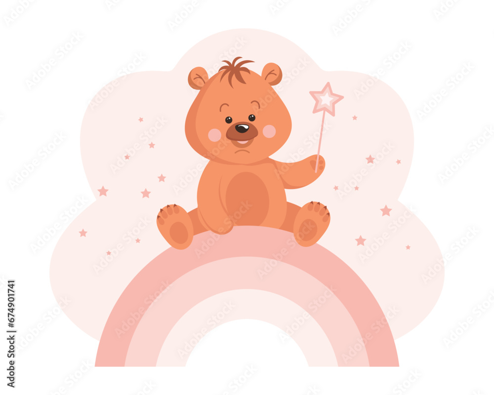 Cute cartoon teddy bear with a magic wand on a rainbow. Baby illustration, greeting card, vector