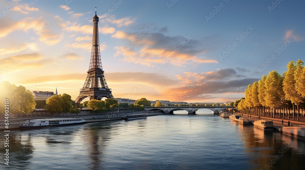 Obraz premium Beautiful sunset over Eiffel Tower and Seine river with people silhouette