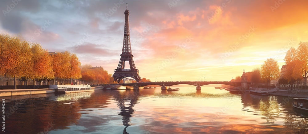 Fototapeta premium Beautiful sunset over Eiffel Tower and Seine river with people silhouette