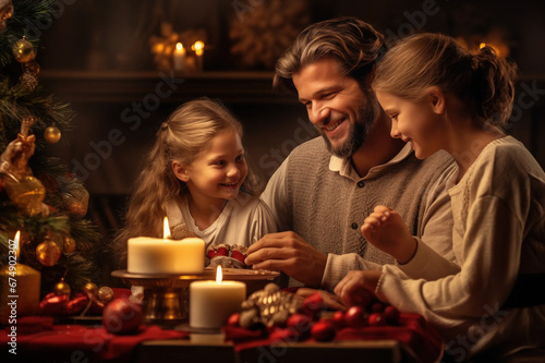 christmas scene of a family enjoying wrapping and giving presents gifts cosy traditional festive holiday season in a warm cozy xmas setting surrounded by decorations loving environment