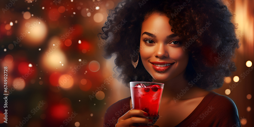 Beautiful woman with curly hair holding a cranberry cocktail, blurred background with lights 