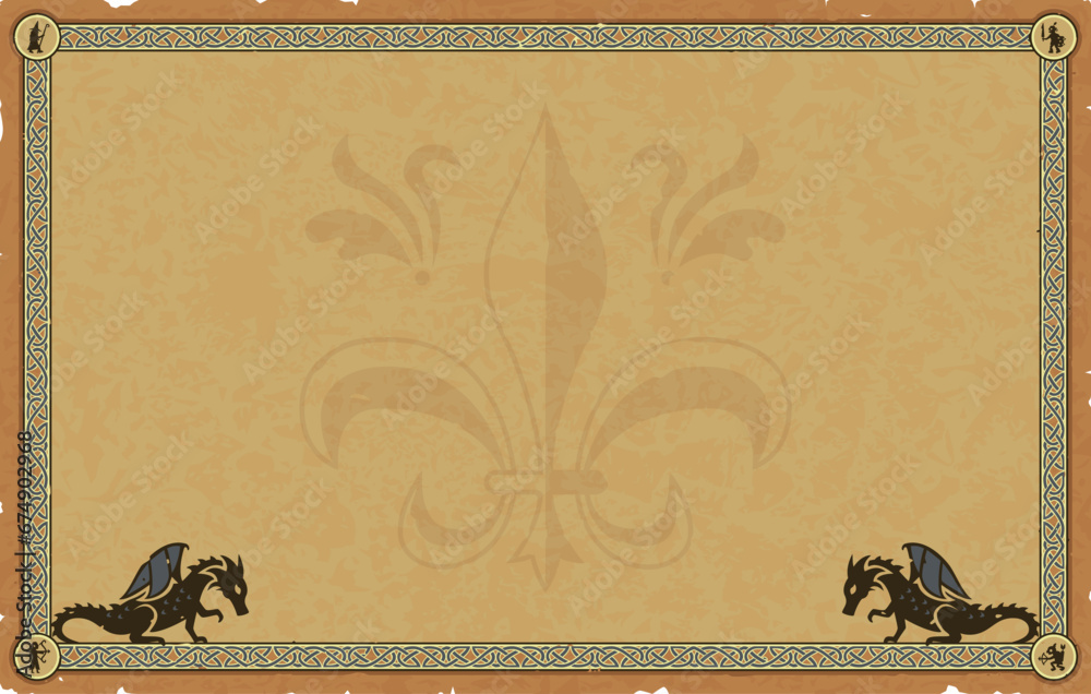 Obraz premium Large Parchment with Medieval Frame, Dragons, Fleur de Lis