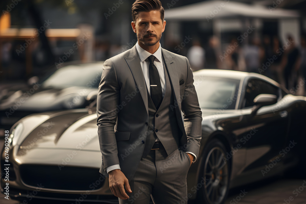 A successful businessman concept, with a rich guy in a formal business suit standing in front of a supercar,