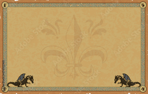 Large Parchment with Medieval Frame, Dragons, Fleur de Lis