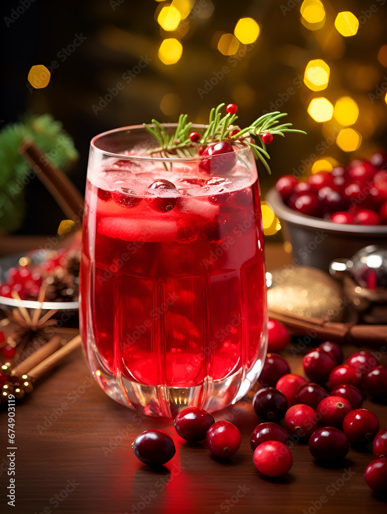 Delicious cranberry cocktail with ice on wooden dinner table with blurred lights background 