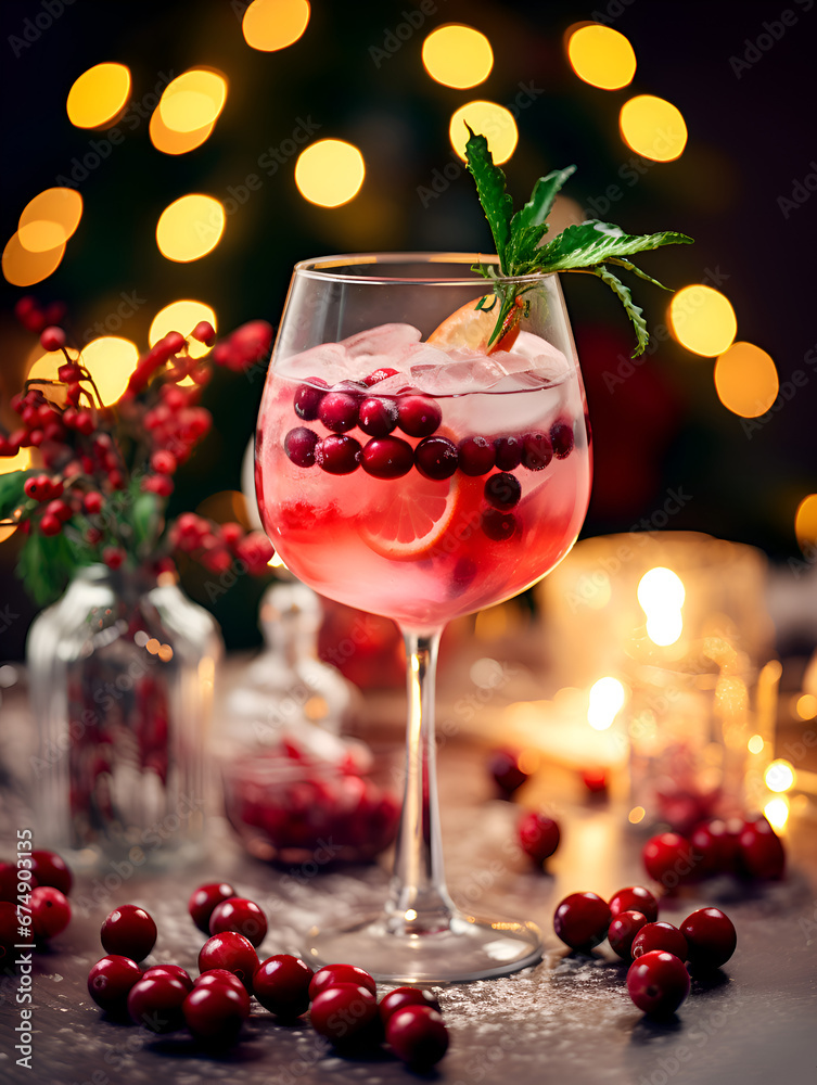 Delicious red winter cranberry cocktail with ice on table with blurred lights background Delicious red winter cranberry cocktail with ice on table with blurred lights background