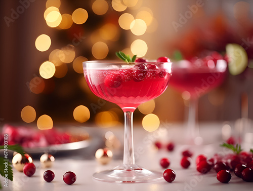 Delicious red winter cranberry cocktail with ice on table with blurred lights background 