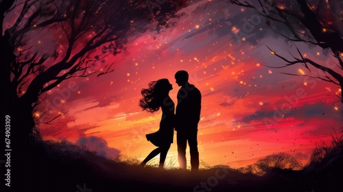 Twilight Romance: Silhouettes of Couples Painted Against the Evening Sky, a Tale of Love.
