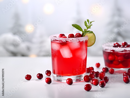 A deliciouse cranberry cocktail in a glass with lime in white table with light background photo