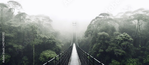 Perspective view of empty suspension bridge with green trees growing in misty and rainy forest in costa rica