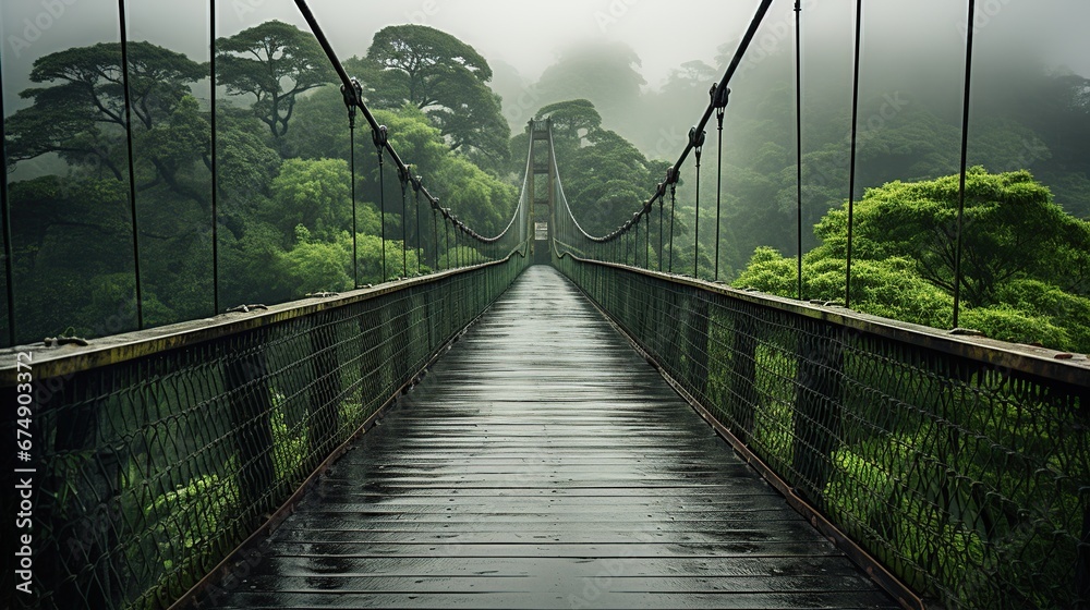 Obraz premium Perspective view of empty suspension bridge with green trees growing in misty and rainy forest in costa rica