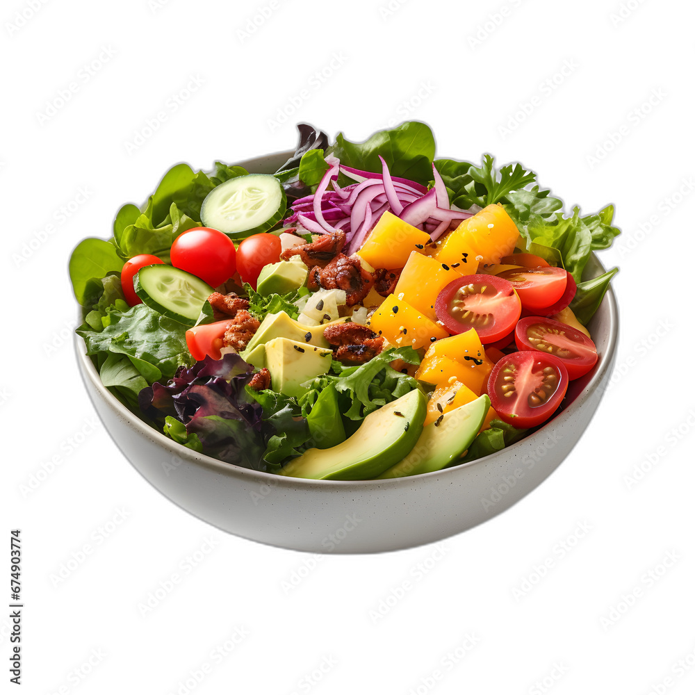 Colorful vegan salad bowl isolated on transparent or white background, png