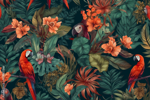 Nature and birds concept. Various exotic, tropical birds and rainforest colorful illustration background with copy space © Rytis