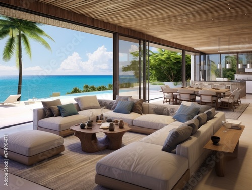 A modern beachfront villa with floor-to-ceiling windows  offering panoramic views of the ocean.