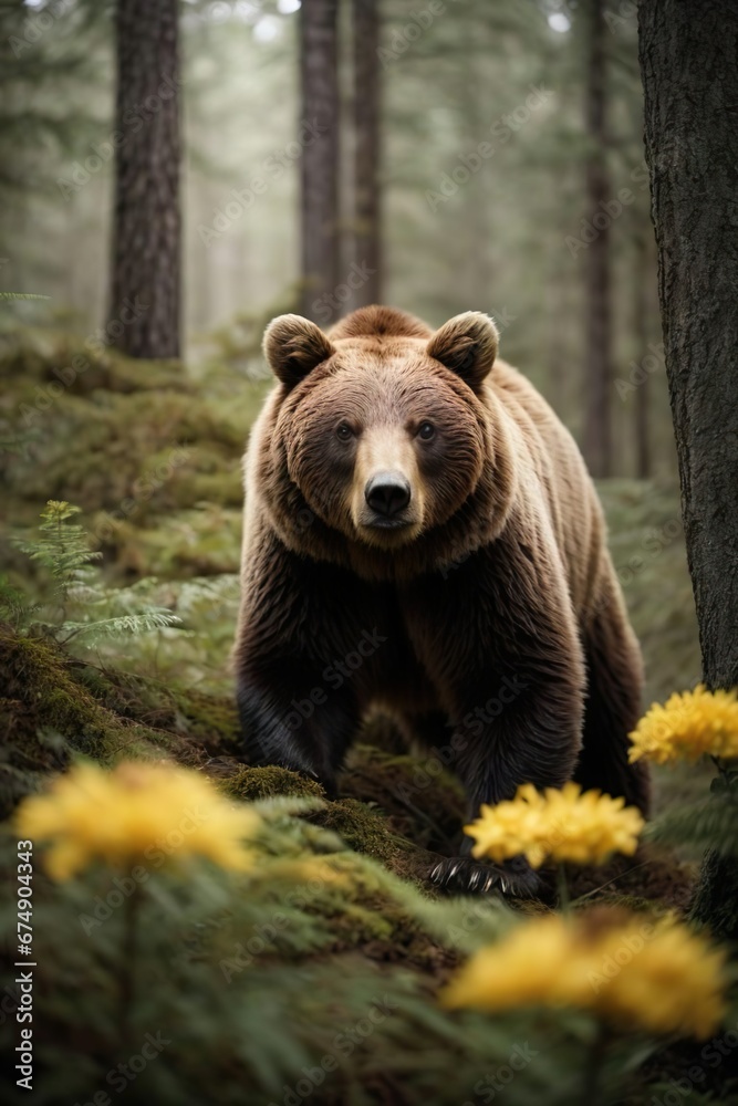 a bear in the forest eating honey in a honeycomb