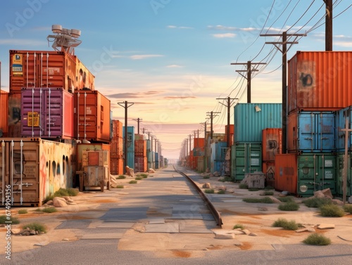A post-apocalyptic urban landscape with repurposed shipping containers as dwellings