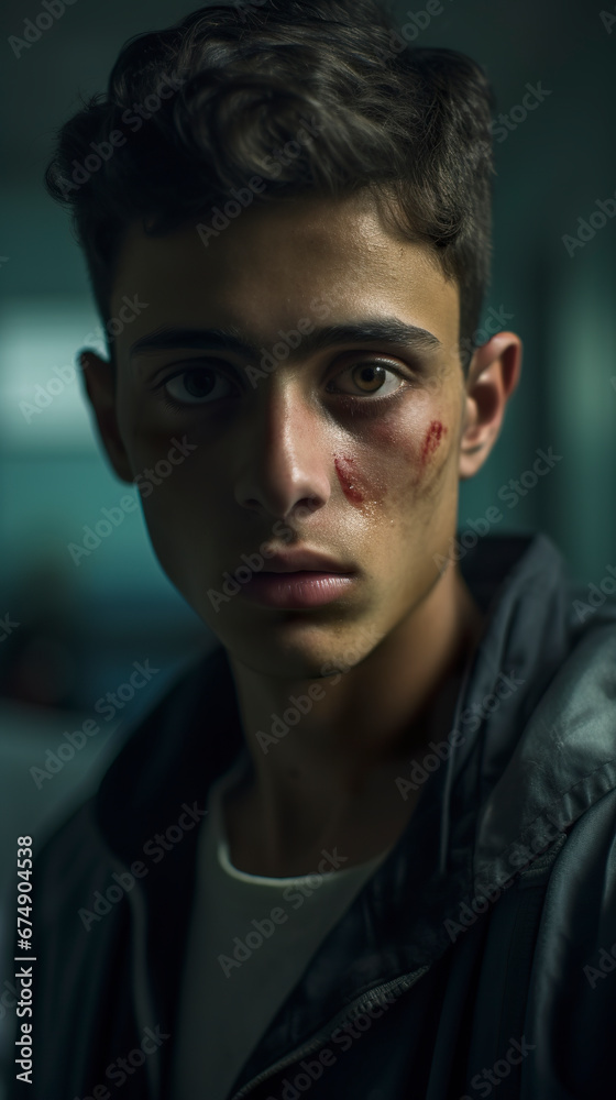 Obraz premium Portrait of a very handsome young Palestinian boy with a sad face looking at the camera. Young Palestinian man with a sad look in a hospital environment.