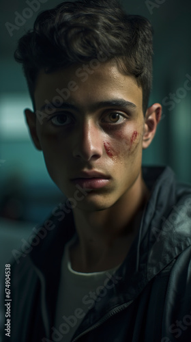 Portrait of a very handsome young Palestinian boy with a sad face looking at the camera. Young Palestinian man with a sad look in a hospital environment.