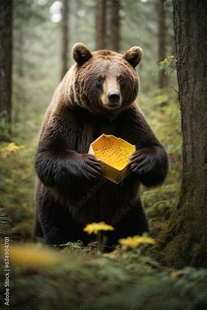 Fototapeta premium a bear in the forest eating honey in a honeycomb