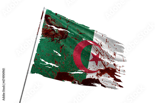 Algeria torn flag on transparent background with blood stains.