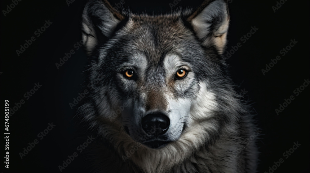 Portrait of a wolf with yellow eyes and a black background