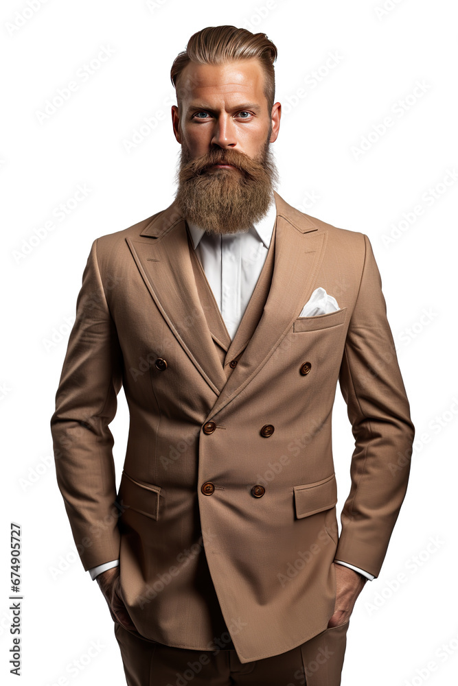 A stern, serious white businessman with a stylish hairstyle, a lush mustache, beard, blue eyes, a white shirt, a beige jacket is standing with his hands in his pockets, isolated on a white background. A stern, serious white businessman with a stylish hairstyle, a lush mustache, beard, blue eyes, a white shirt, a beige jacket is standing with his hands in his pockets, isolated on a white background.