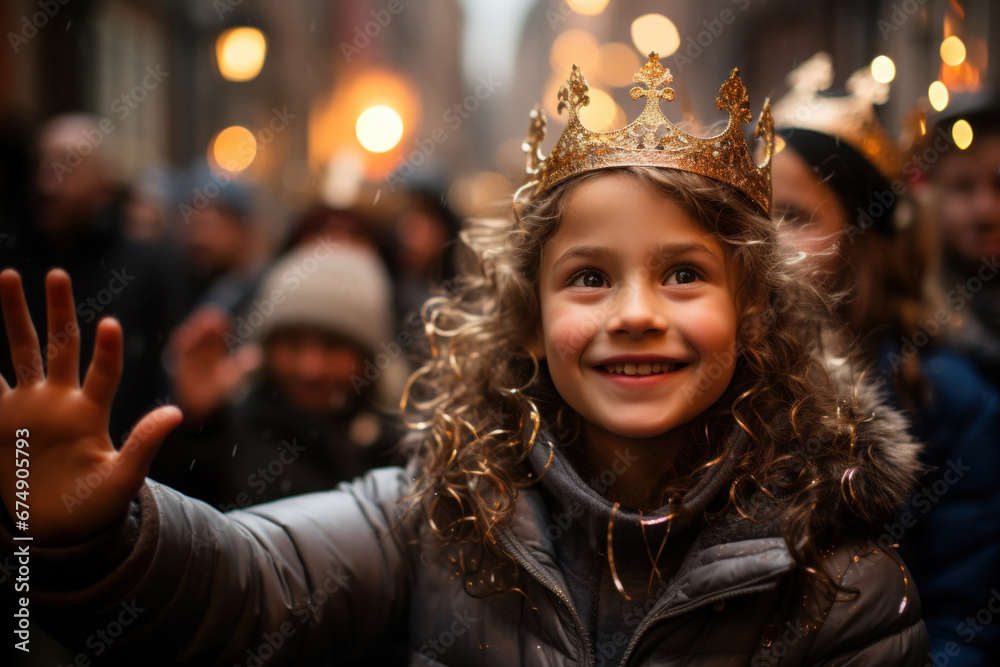 Smiling girl in crown with another people taking part the procession of the Three Kings. Epiphany day