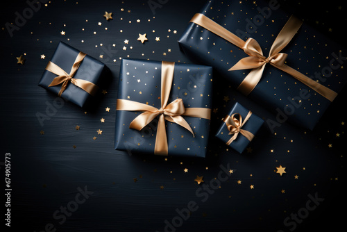 Flat day with gift boxes under on dark blue background decorated with gold stars. Three Kings day, Epiphany day celebration.