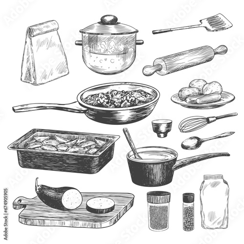 Set of sketches of kitchen utensils for cooking. Cooking pot, saucepan, spice packs, pepper shaker, frying pan, rolling pin, cutting board, spoon isolated on white. Hand drawn illustration. Cookware photo