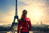 Illustration of a sportswoman standing against the background of Paris, sporting event or olympics concept.