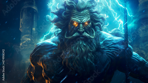 Illustration of the Greek god Poseidon with blue rays in grandeur and power. Poseidon in concept art from Greek mythology amidst lightning in the depths of the waters.