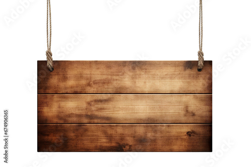 Wooden sign hanging from a rope, cut out photo