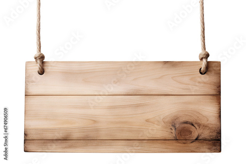 Wooden sign hanging from a rope, cut out photo