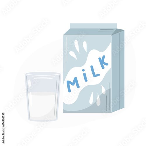 A glass of milk and a pack of milk. Organic homemade food. Vector illustration. Food concept. Kitchen image. Illustration for a cookbook.