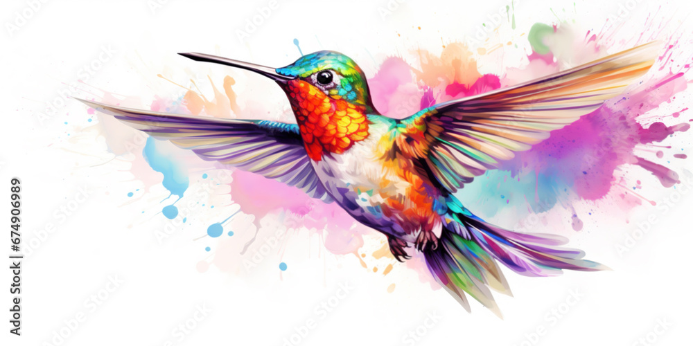 Dreamy feeling of colorful hummingbird. White background. Wall art, watercolor