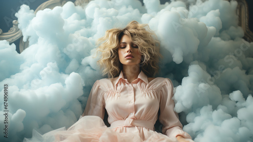 Woman sleeping on a white cloud. ai generative