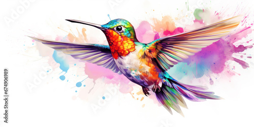 Dreamy feeling of colorful hummingbird. White background. Wall art  watercolor