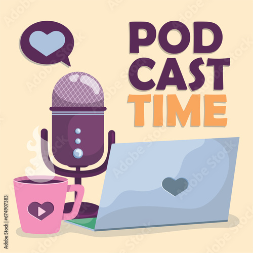 Laptop with microphone and a coffee Podcast time Vector